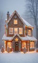 Gingerbread House And Christmas Lights In A Misty Morning Settin. Generative AI