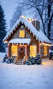 Gingerbread House And Christmas Lights In A Snowy Morning Settin. Generative AI