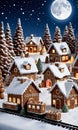 Gingerbread Village And Train Set In A Moonlit Snowy Settin. Generative AI