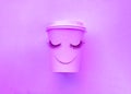 The concept of a girlish morning and evening, a glass of dream coffee, pale purple color with closed unicorn eyes and a smile