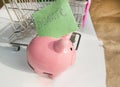 The concept of giving Tuesday and reasonable savings on purchases, a cute piggy bank and shopping cart, on a white