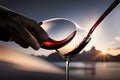 A Glass Of Rich Red Wine Being Filled To The Brim With A Slow Pour From A Bottle, Set Against A Blurred Background. Generative AI Royalty Free Stock Photo