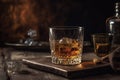 Glass of whiskey with ice, still life, brandy, bourbon on a brown wooden table, rustic style, alcohol drink, rum, scotch is genera Royalty Free Stock Photo