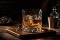 Glass of whiskey with ice, still life, brandy, bourbon on a brown wooden table, rustic style, alcohol drink, rum, scotch is genera Royalty Free Stock Photo