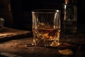 Glass of whiskey with ice, still life, brandy, bourbon on a brown wooden table, rustic style, alcohol drink, rum, scotch is genera Royalty Free Stock Photo