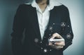 Concept global data connection with internet technology, user touch screen for online transactions by internet technology, big