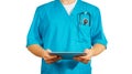 Concept of global medicine and healthcare. Doctor holds digital tablet on isolat background. Diagnostics and modern technology in Royalty Free Stock Photo