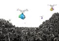 Concept of global pollution. Drones carry garbage bags