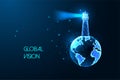 Concept of global vision with planet Earth globe and lighthouse in futuristic glowing style on blue