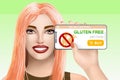 Concept gluten free diet food. Drawn nice girl on vivid background. Illustration