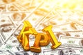 Concept gold abbreviation of KPI - Key Perfomance Indicator standing or lying on banknotes background. 3D Render.