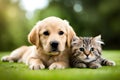 Golden Retriever Puppy And Cute Kitten Lie Together. Isolated On white Background. Png. Two Puppies Post-Processed. Generative AI Royalty Free Stock Photo