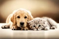 Golden Retriever Puppy And Cute Kitten Lie Together. Isolated On white Background. Png. Two Puppies Post-Processed. Generative AI