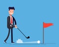 Concept of a good deal. Businessman or Manager plays golf. The ball rolls into the hole. I hit the target exactly. Flat