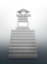 Concept graduate, education. A staircase leading to a pedestal with books, diploma and a graduate hat. Concrete construction. 3d i