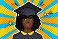 Concept of a graduating class. Girl in Graduation cap in pop art style