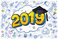 Concept of a graduating class of 2019. Numbers with graduation cap in pop art style Royalty Free Stock Photo