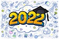 Concept of a graduating class of 2022. Numbers with graduation cap in pop art style