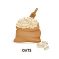 Bag of oats culture, wooden spoon, agricultural crop, organic food.