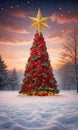 A Grand Christmas Tree In A Snowy Field, Adorned With Golden Stars, Twinkling Lights, And Surrounded By Red Ribbons. Generative AI