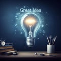 Concept Great Idea, Creativity and Innovation, glowing light bulb background with copy space Royalty Free Stock Photo