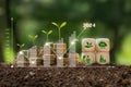 Concept of green business, finance and sustainability investment in 2024. Stack of silver coins the seedlings are growing on top