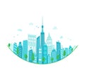 Concept of green city. Round Panorama of city buildings. ecological green Urban landscape