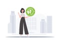 The concept of green energy and ecology. The girl holds the ECO logo in her hands. Fashionable, trendy style. Vector.