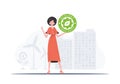 The concept of green energy and ecology. The girl holds the ECO logo in her hands. Fashionable, trendy style. Vector.