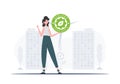 The concept of green energy and ecology. The girl holds the ECO logo in her hands. Vector trend illustration.