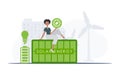The concept of green energy and ecology. The girl sits on the solar panel and holds the ECO logo in her hands. trendy