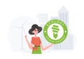 The concept of green energy and ecology. Woman holding ECO logo in her hands. Fashionable, trendy style. Vector.