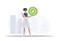 The concept of green energy and ecology. Woman holding ECO logo in her hands. Vector trend illustration.