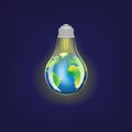 Concept green energy, lighting electric lamp and earth on a dark blue background square vector illustration Royalty Free Stock Photo