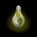 Concept green energy, lighting electric lamp and plant on a black background square vector illustration