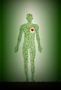 Concept of green medicine for heat, green heart disease medicine, homeopathy, man silhouette build with small green