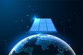 Concept of green sustainable energy with solar panel and world map on dark blue Royalty Free Stock Photo