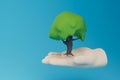 the concept of greening the planet. a hand with a green tree on a blue background. 3D render