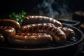 Grilled sausages on the grill plate, outdoors, grilling food, sausages on the grill plate and dark background. Generative AI