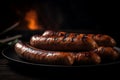 Grilled sausages on the grill plate, outdoors, grilling food, sausages on the grill plate and dark background. Generative AI
