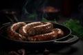 Grilled sausages on the grill plate, outdoors, grilling food, sausages on the grill plate and dark background. Generative AI