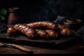 Grilled sausages on the grill plate, outdoors, grilling food, sausages on the grill plate and dark background. Generative AI