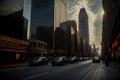 A Group Of Cars Driving Down A Street Next To Tall Buildings. Generative AI