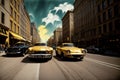 A Group Of Cars Driving Down A Street Next To Tall Buildings. Generative AI Royalty Free Stock Photo