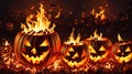 A Group Of Carved Pumpkins Sitting On Top Of A Pile Of Fire. Generative AI Royalty Free Stock Photo