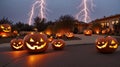 A Group Of Carved Pumpkins Sitting On Top Of A Road. Generative AI Royalty Free Stock Photo