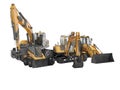 Concept group of construction machinery excavator mini loader 3D rendering on white background no shadow