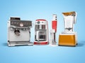 Concept group of household appliances for the kitchen rozhkovy coffee machine coffee maker blender 3d render illustration on blue Royalty Free Stock Photo