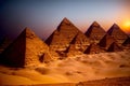 A Group Of Pyramids In The Desert At Sunset. Generative AI