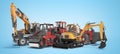 Concept group of road machinery excavator road roller 3D rendering on blue background with shadow